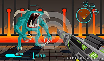 Videogamevideo game first person shooter fps with demons monsters and nuclear weapon Vector Illustration