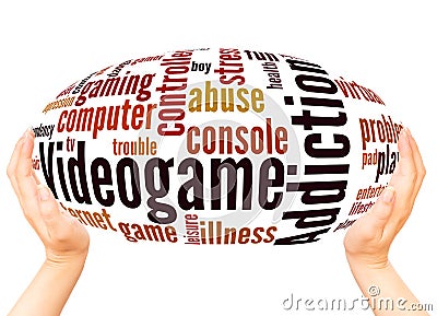 Videogame addiction word cloud hand sphere concept Stock Photo