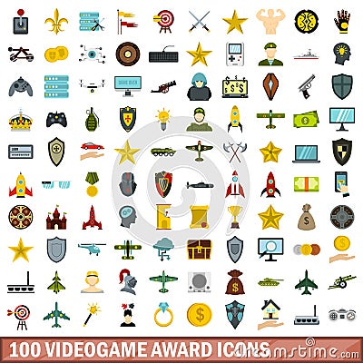 100 videogame award icons set, flat style Vector Illustration