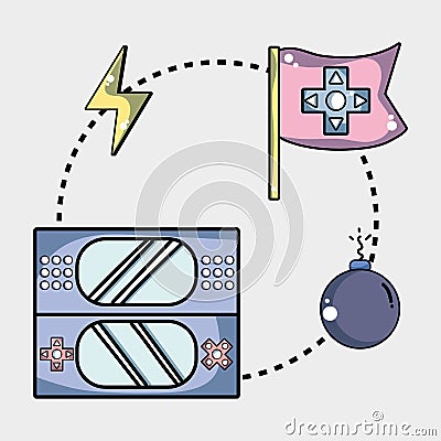 Videogame console with bomb and energy symbol game Vector Illustration