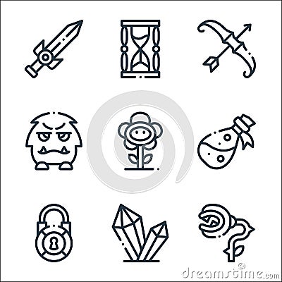 videogame elements line icons. linear set. quality vector line set such as enemy, diamond, locked, flask, flower, enemy, arrow, Vector Illustration
