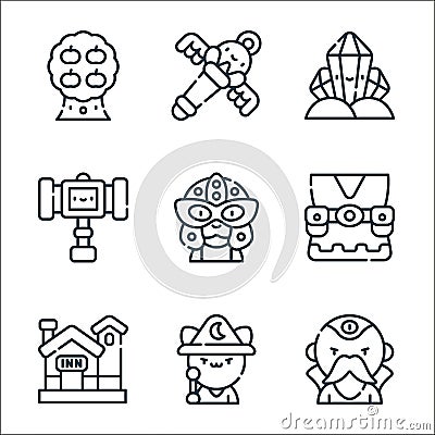 videogame elements line icons. linear set. quality vector line set such as wizard, wizard, inn, belt, helmet, hammer, crystal meth Vector Illustration