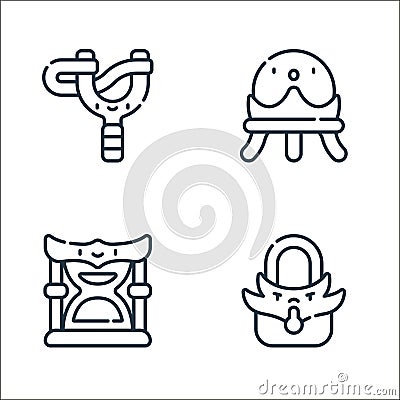 videogame elements line icons. linear set. quality vector line set such as padlock, hourglass, crystal ball Vector Illustration