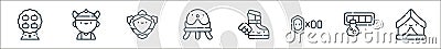 videogame elements line icons. linear set. quality vector line set such as tent, bar, coin, magic boot, crystal ball, shield, Vector Illustration