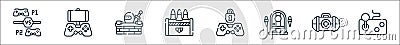 videogame line icons. linear set. quality vector line set such as joystick, first aid, dungeon, locked, ammo, action game, mobile Vector Illustration