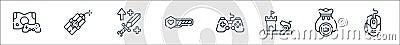 videogame line icons. linear set. quality vector line set such as mouse, money bag, cannon, game controller, health bar, buff, Vector Illustration