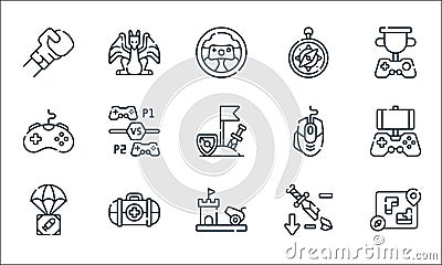 Videogame line icons. linear set. quality vector line set such as game map, cannon, airdrop, nerf, first aid, game controller, Vector Illustration