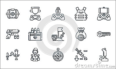 Videogame line icons. linear set. quality vector line set such as joystick, compass, upgrade, nerf, gamer, gun, money bag, armor, Vector Illustration