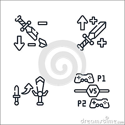 Videogame line icons. linear set. quality vector line set such as multiplayer, upgrade, buff Vector Illustration