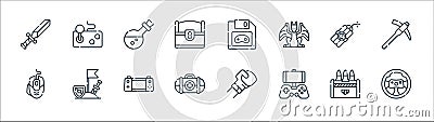 videogame line icons. linear set. quality vector line set such as steering wheel, mobile game, first aid, mouse, explosive, potion Vector Illustration