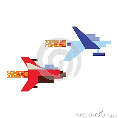 Videogame pixelated spaceship flying isolated Vector Illustration