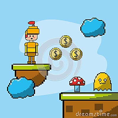 Videogame with soldier and coins with character enemies Vector Illustration