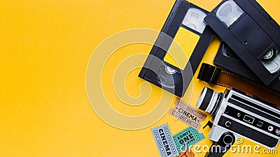 Videotape with vintage videocamera and cinema tickets. High quality and resolution beautiful photo concept Stock Photo