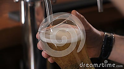 Vidrio de colada del camarero de cerveza de barril Cierre para arriba almacen de video Vidrio de colada del camarero de cerveza de barril Cierre para arriba almacen de video