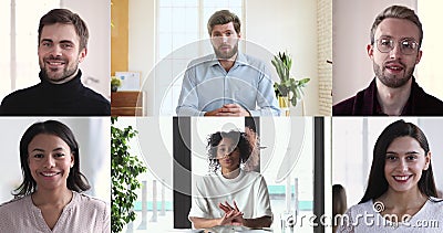 Vidéoconférence variée de groupe d'hommes d'affaires dans la conversation de collage banque de vidéos Vidéoconférence variée de groupe d'hommes d'affaires dans la conversation de collage banque de vidéos
