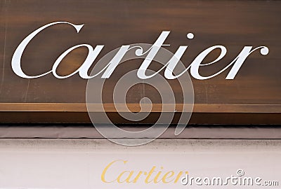 Vienna, Austria - April 22, 2023: Close-up sign of the Cartier boutique in the city center Editorial Stock Photo