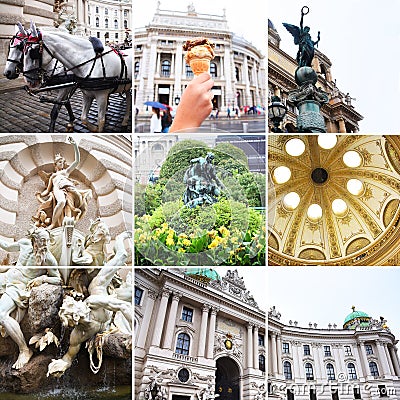 VIENNA, AUSTRIA . Collage. Vienna State Theater Burgtheater, Austria, Neue Burg, a new castle of the Hofburg Palace, Museum in Hel Stock Photo