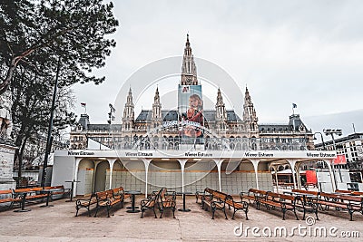 Vienna, Austria - Feb 7, 2020: Empty rink site lockers outside city hall in winter morning Editorial Stock Photo