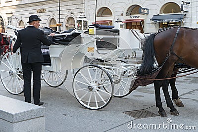 Vienna / Austria - 31 July 2019: Driver waiting in vienna, Austria with the baroque carriage vehicle with horses for a historic Editorial Stock Photo