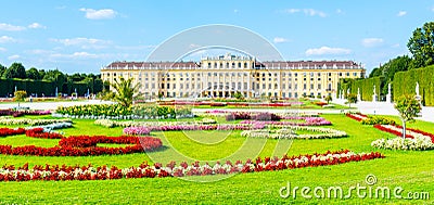 VIENNA, AUSTRIA - 23 JULY, 2019: Schonbrunn Palace, German: Schloss Schonbrunn, and Great Parterre - French Garden with Editorial Stock Photo