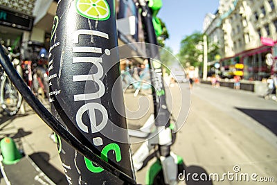 Lime-S electric scooter of the company Lime in the street in Vienna Austria Editorial Stock Photo