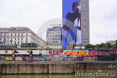 Sign billboard on building, Vienna Editorial Stock Photo