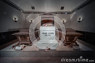 Emperor Franz Joseph I of Austria, Rudolf and Elisabeth Sisi sarcophagi at the Imperial Burial Vault - Vienna, Austria Editorial Stock Photo