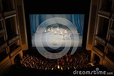 VIENNA, AUSTRIA - OCTOBER 2019: Interior of Vienna State Opera House Performance hall with visitors. Wiener Staatsoper Editorial Stock Photo