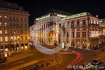 Vienna Opera House night view with traffic motion lights Editorial Stock Photo