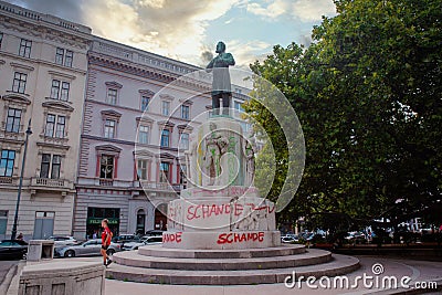 Vienna, Austria - 8 Sept 2020, statue with graffiti for black lives matter protest, slavery Editorial Stock Photo