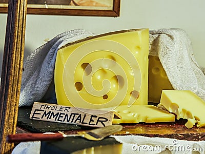 VIENNA, AUSTRIA - SEPTEMBER 8, 2017. Emmentaler cheese in Tirol House at the Schonbrunn zoo, Vienna, Austria. Editorial Stock Photo