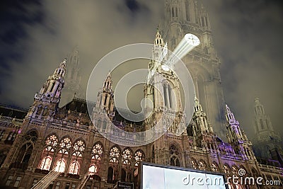 Film Festival night city hall lit up in long exposure,eerie effect of mist and zoom blur Editorial Stock Photo