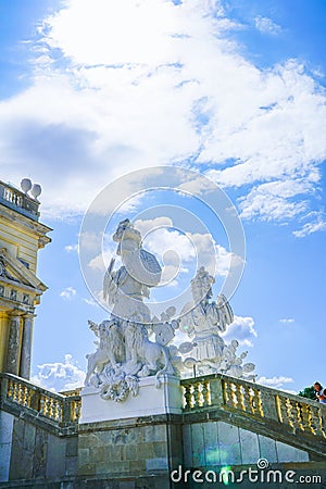 Vienna Austria - September 4 2017; Imposing white marble sculpture of soldier above the Gloriette balustrade against clear blue Editorial Stock Photo