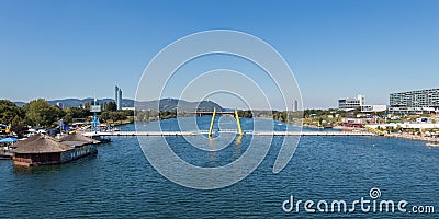 Pedestrian bridge across the river Danube in Vienna Stock Photo