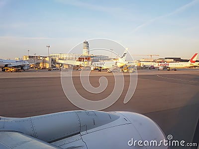 Vienna/Austria - 10.september 2019: Photo taken at Vienna international airport when taking of with SunXpress Editorial Stock Photo