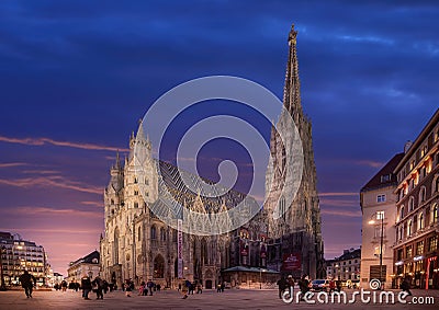 St. Stephen`s Cathedral at night in Vienna, Austria Editorial Stock Photo
