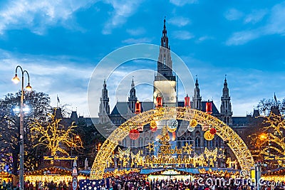 Vienna Christmas Market Christkindlmarkt and Town Hall at Rathausplatz during winter Editorial Stock Photo