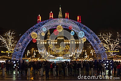 Vienna City Town hall at night during Christmas Market Time Editorial Stock Photo
