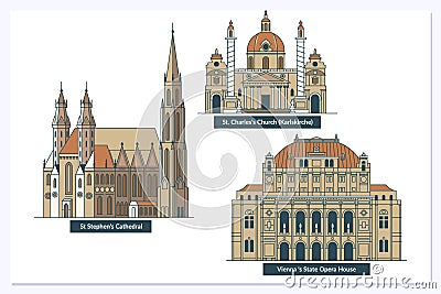 Vienna landmarks and monuments isolated on white background in editable vector file. Vector Illustration