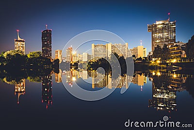 Vienna skyline on the Danube river at night Stock Photo