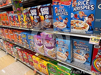 Huge selection of various brands of breakfast cereal at a grocery store aisle Editorial Stock Photo