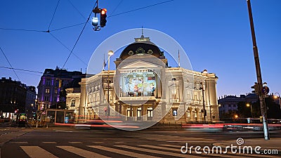 Vienna Volkstheater (People Theatre) exterior facade of this landmark at blue hour. Austria Editorial Stock Photo