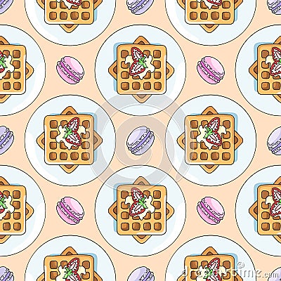 Viennese waffles, breakfast, vector seamless pattern in the style of doodles, hand-drawn Stock Photo