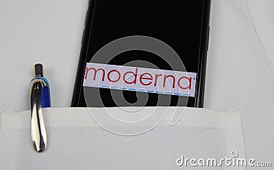 Close up of mobile phone screen with logo lettering of Moderna pharmaceutical company in pocket of white doctors coat with pencil Editorial Stock Photo