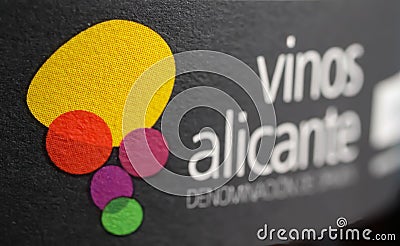 Closeup of spanish Vinos Alicante wine label for DOP designation protected origin in Spain Editorial Stock Photo