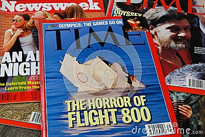 Close up of Time magazine cover with report about plane crash of flight 800 with Boeing 747 from New York to Paris in the nineties Editorial Stock Photo