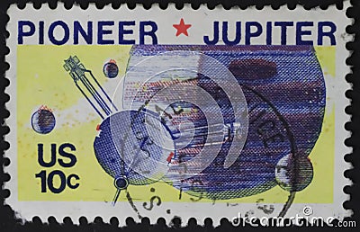 Close up of 10 cent US stamp with motive of pioneer jupiter issued 1975 Editorial Stock Photo