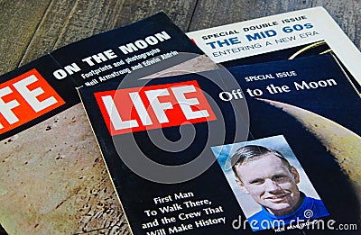 Close up of US Time LIFE magazine reporting about moon landing in the sixties Issue `Off to the moon` from July 1969 R Von Ralf Editorial Stock Photo