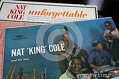 Closeup of american jazz pianist and singer Nat King Cole vinyl record album collection Editorial Stock Photo