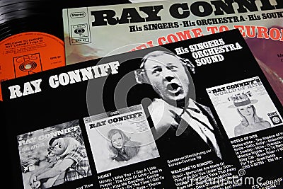 Closeup of band leader Ray Conniff vinyl record album welcome to europe from 1968 Editorial Stock Photo